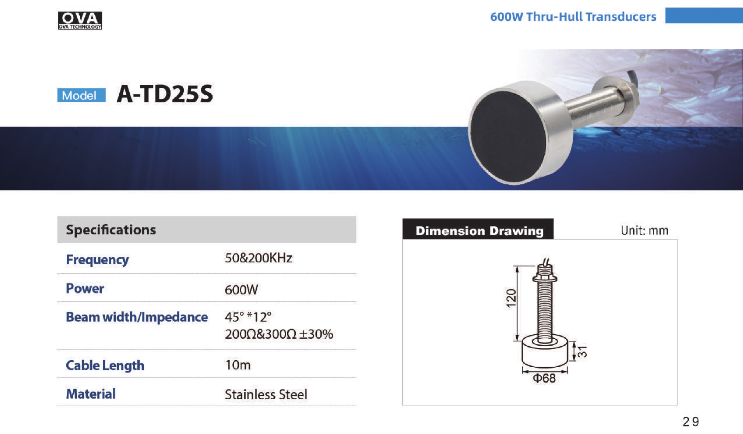 OVA transducer A-TD25S technical sheet